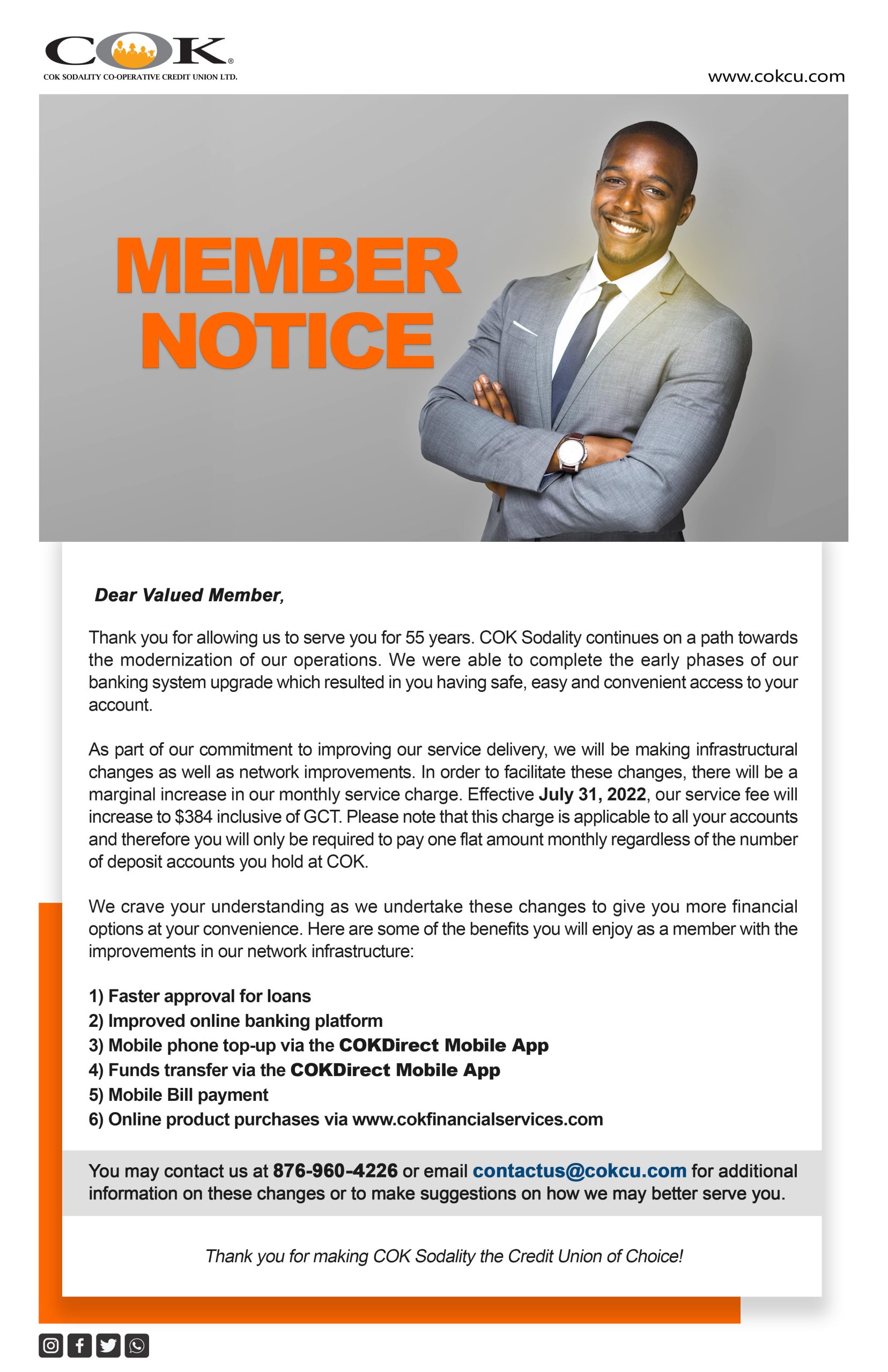 Member Notice - Service Charge Increase